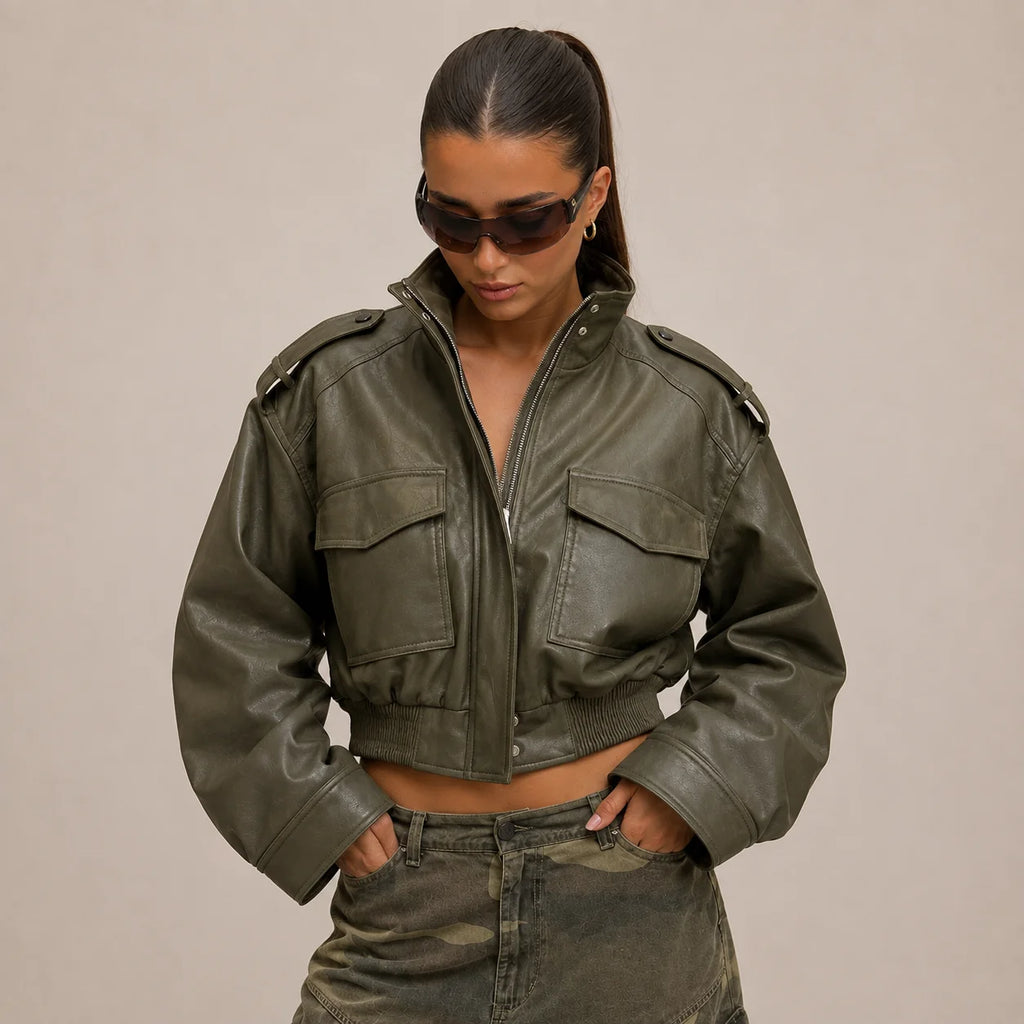 Cropped Faux Leather Bomber Jacket