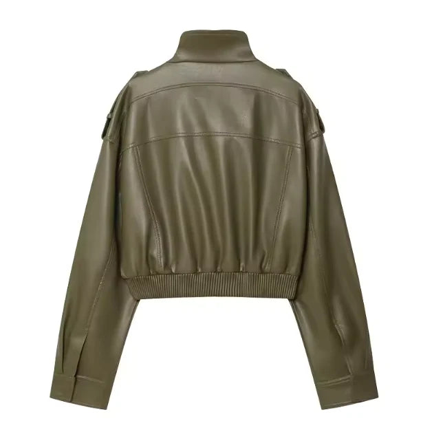 Cropped Faux Leather Bomber Jacket, image 7
