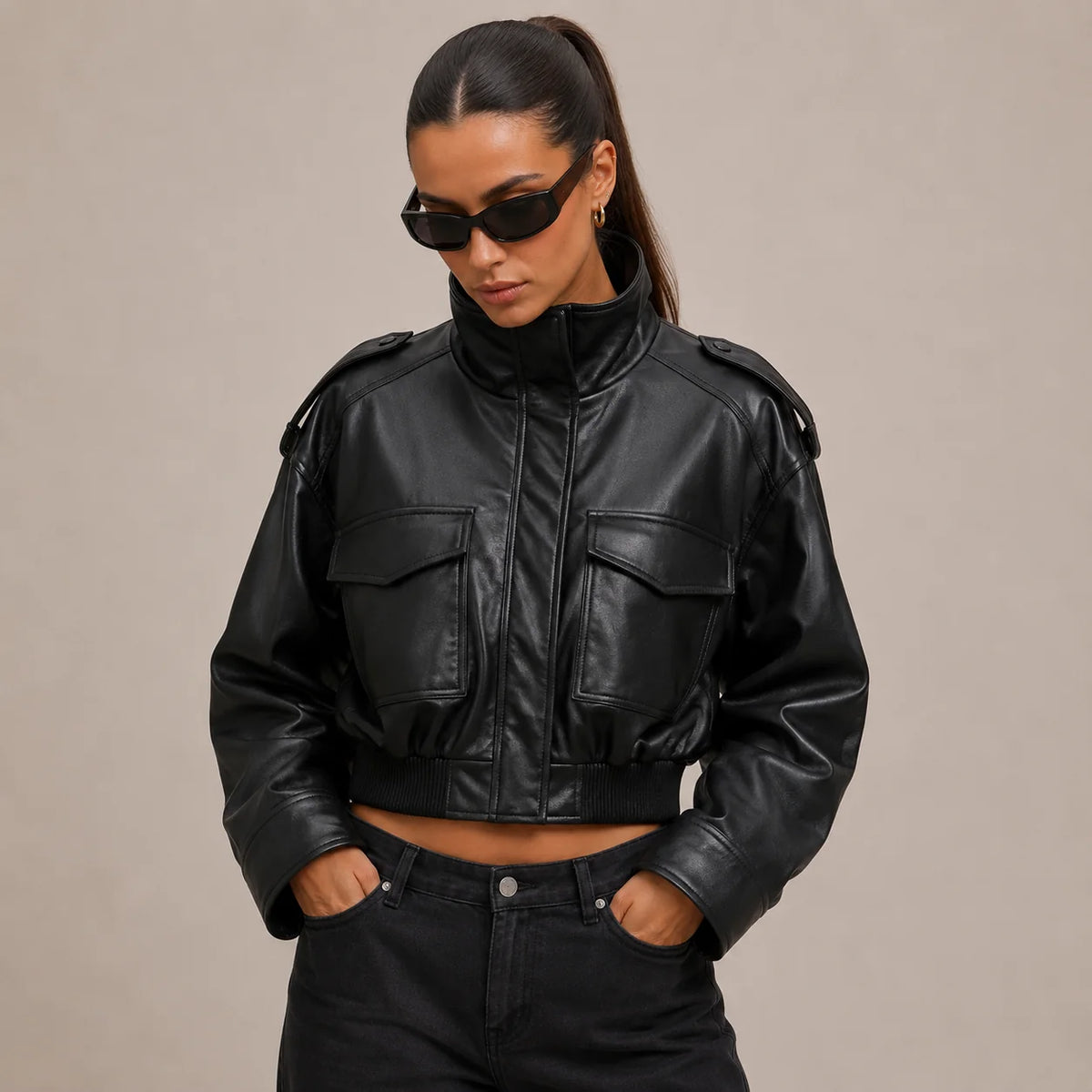 Cropped Faux Leather Bomber Jacket, image 9