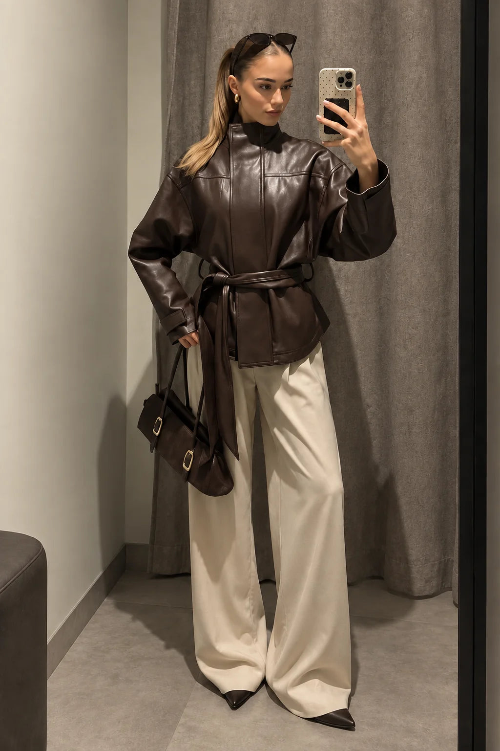 Belted Faux Leather Coat, image 2
