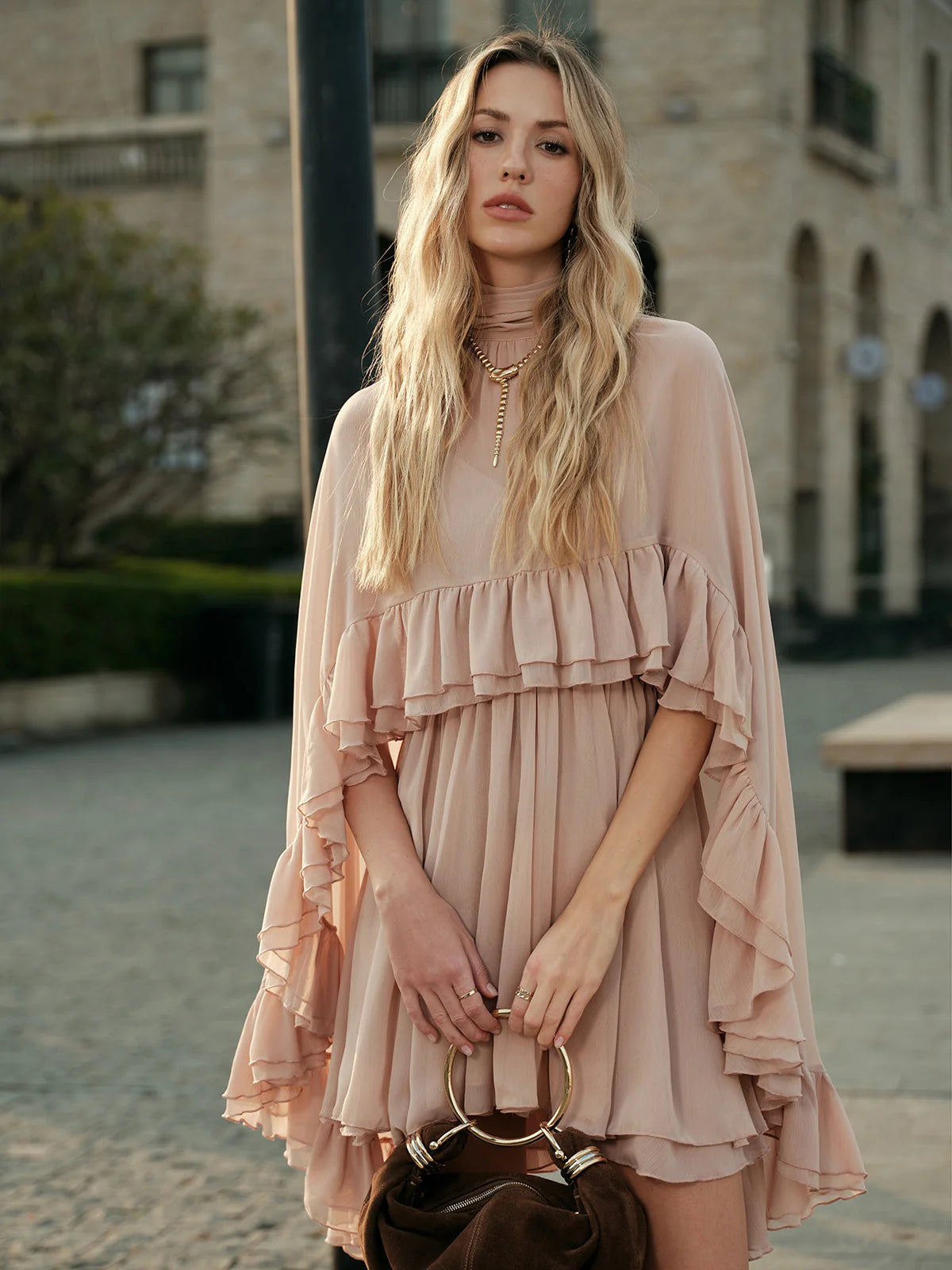 Chiffon Ruffle Mock Neck Dress