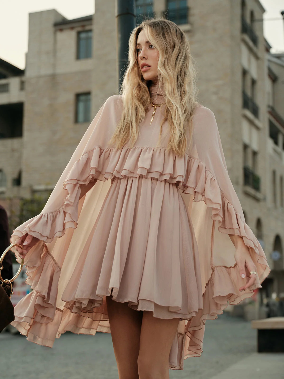 Chiffon Ruffle Mock Neck Dress, image 2