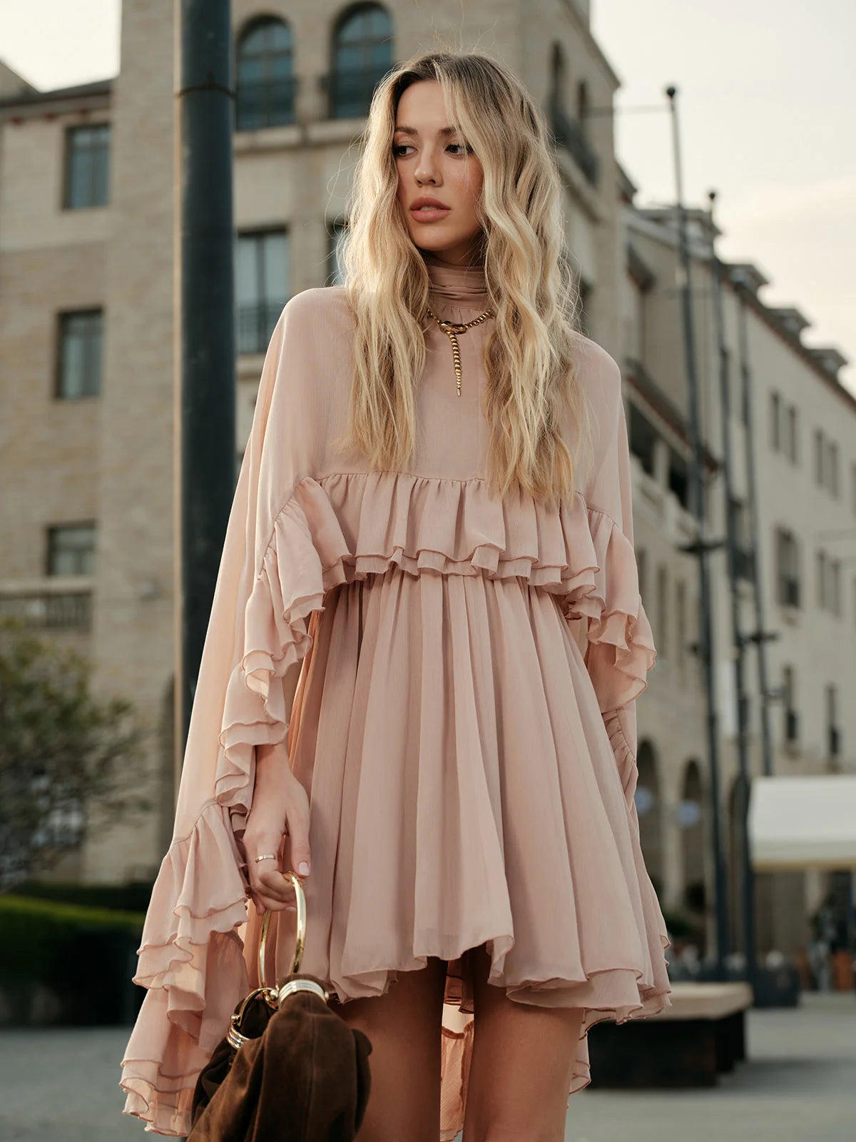 Chiffon Ruffle Mock Neck Dress, image 3
