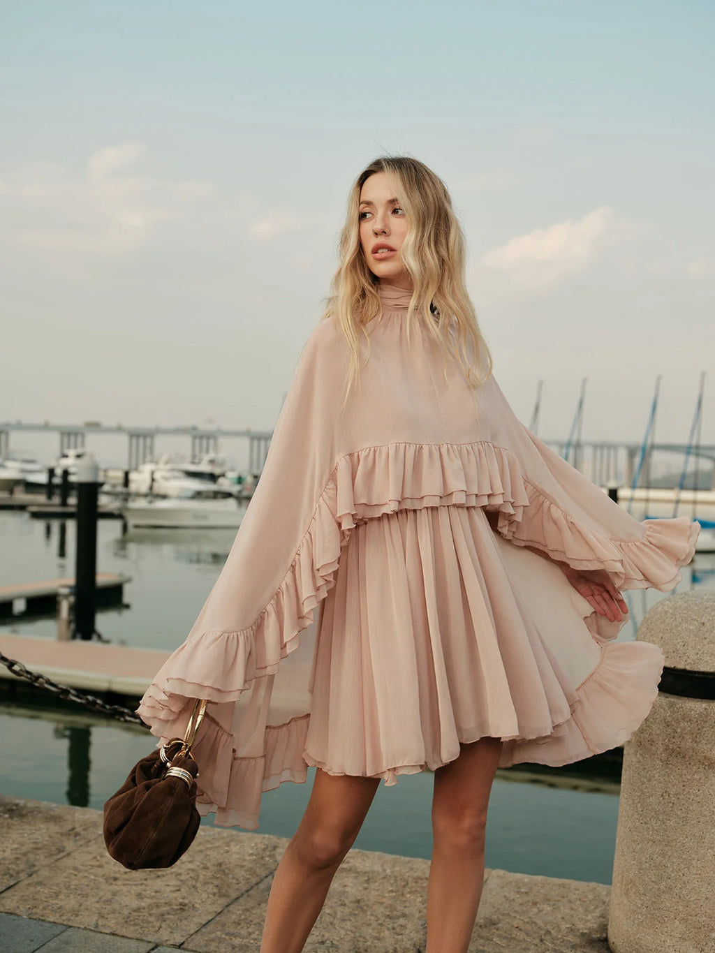 Chiffon Ruffle Mock Neck Dress, image 4