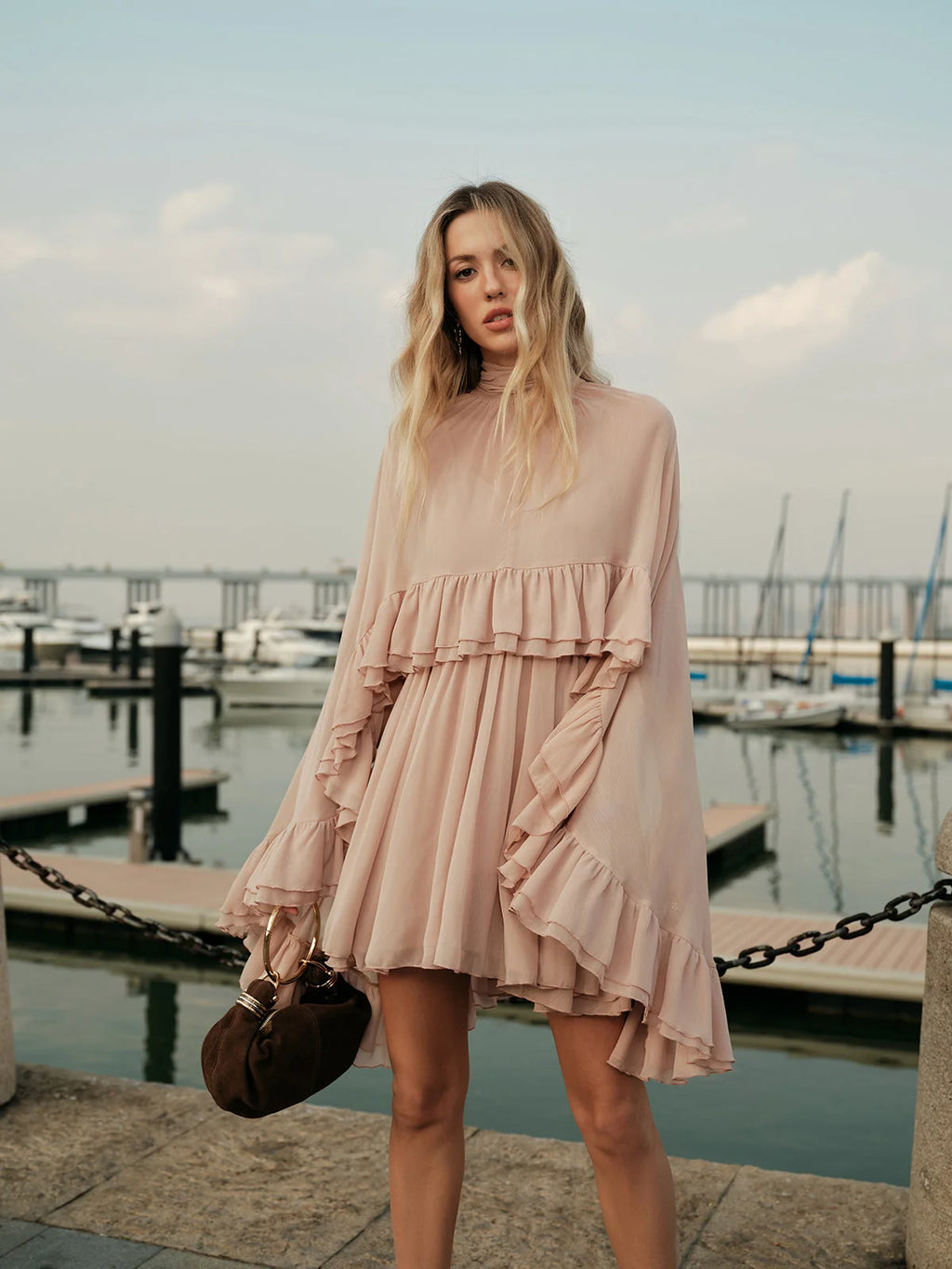 Chiffon Ruffle Mock Neck Dress, image 5