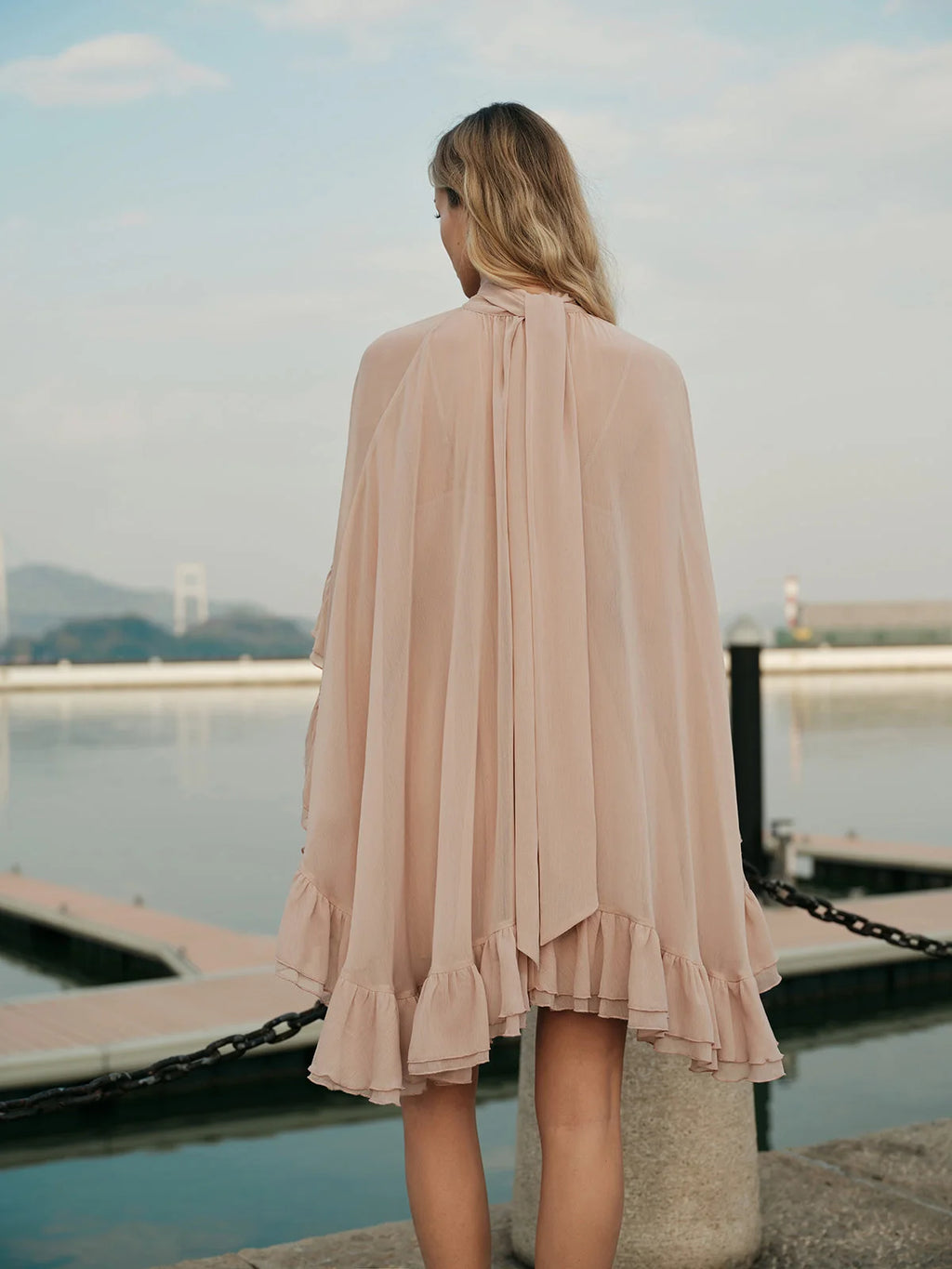 Chiffon Ruffle Mock Neck Dress, image 6