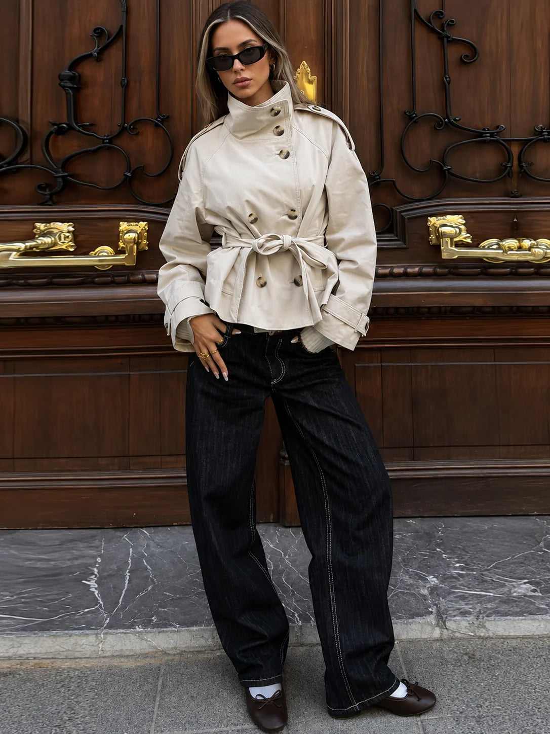 Cropped Lace-Up Trench Jacket, image 5