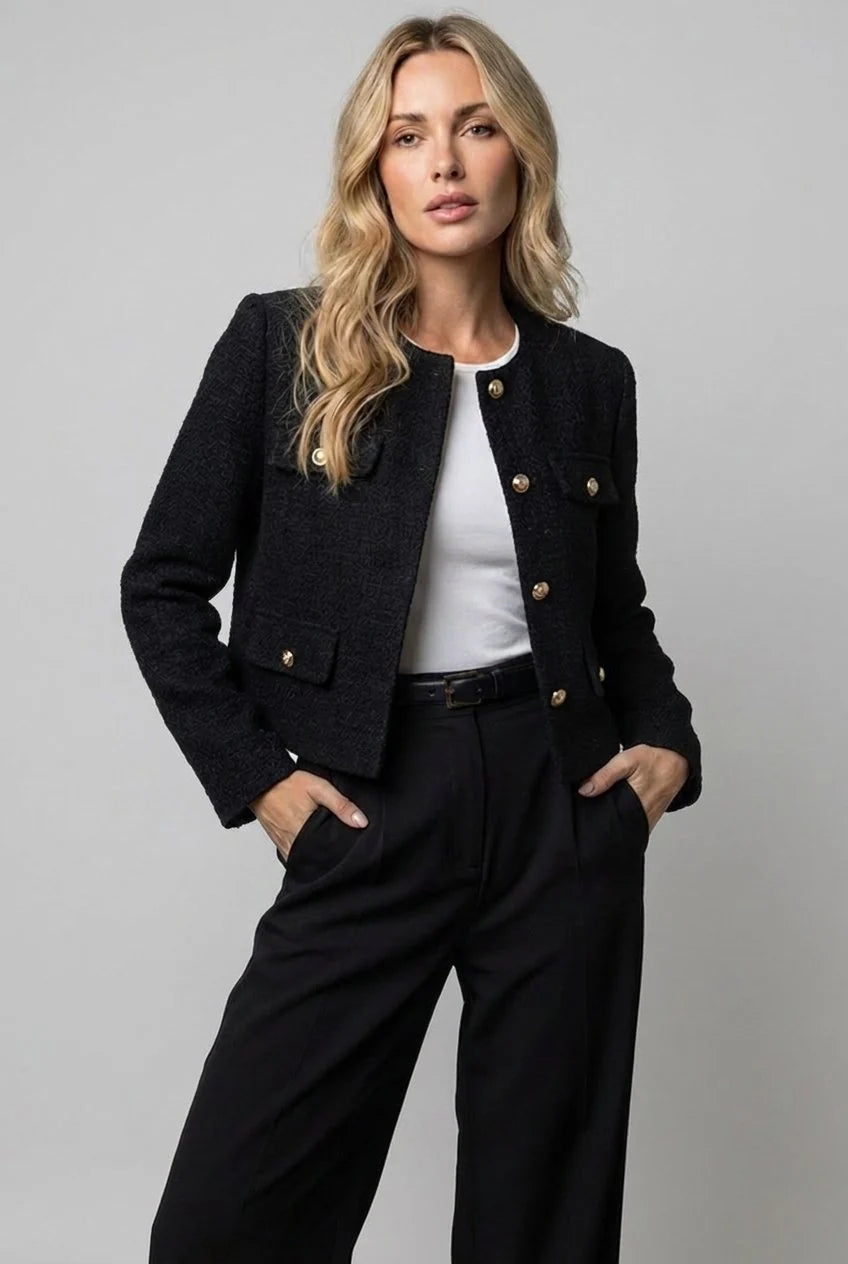 Collarless Cropped Gold-Button Blazer, image 2