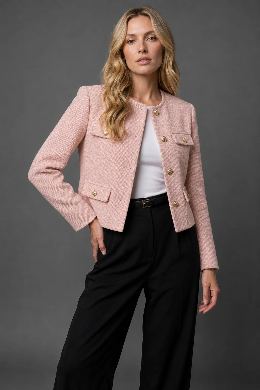 Collarless Cropped Gold-Button Blazer, image 9