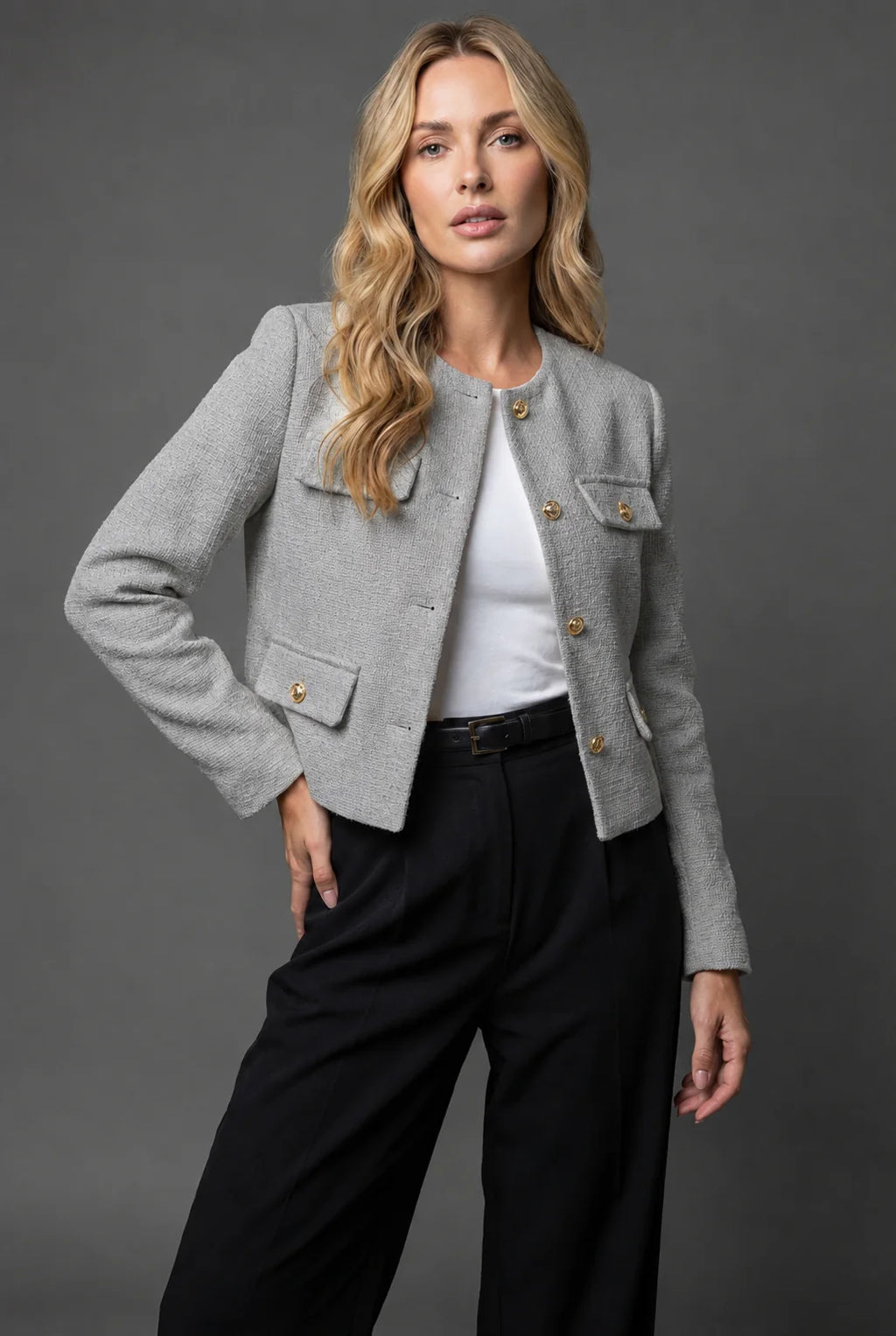 Collarless Cropped Gold-Button Blazer, image 10