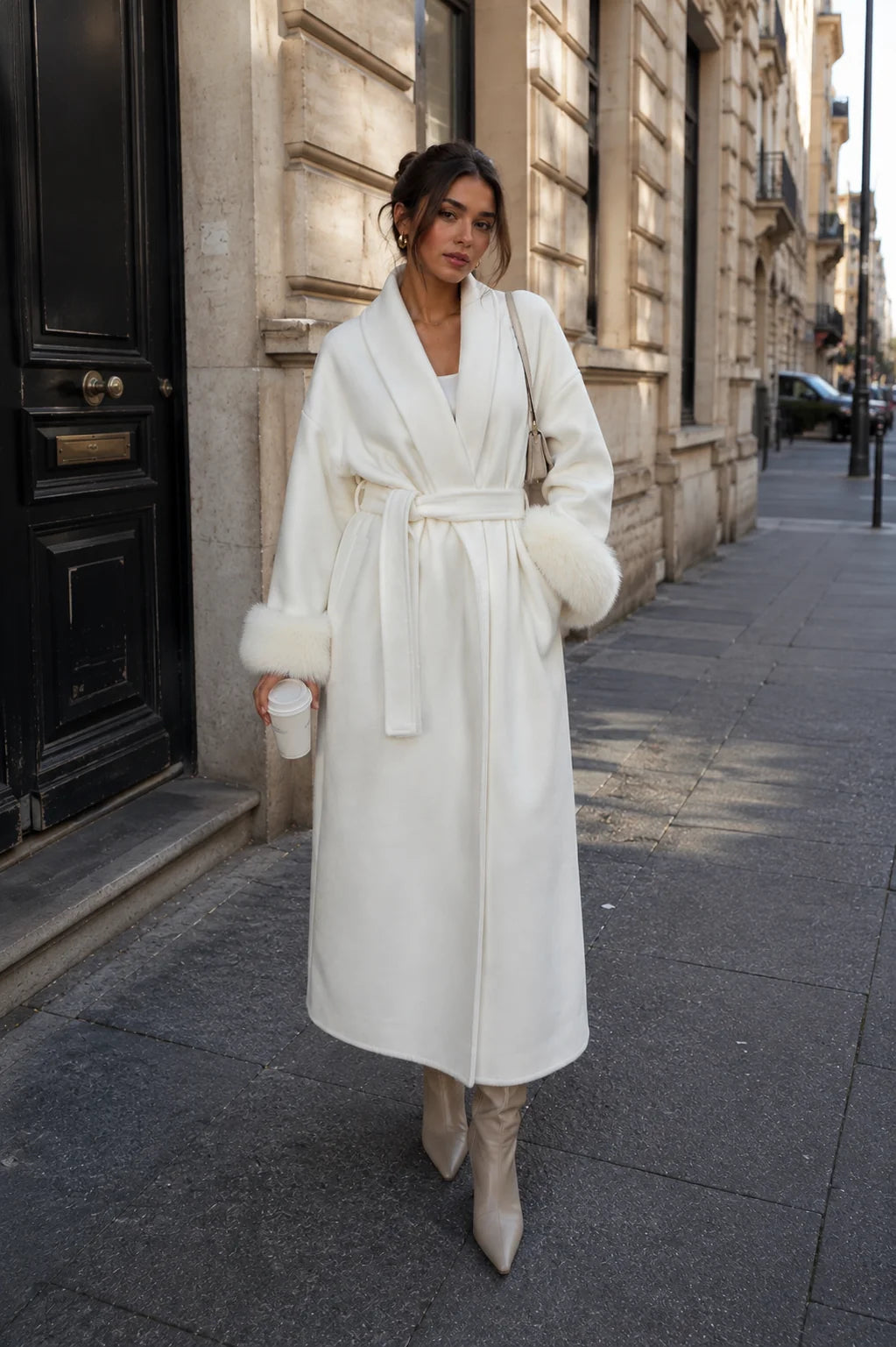 Wool A-Line Coat with Faux Fur Trim