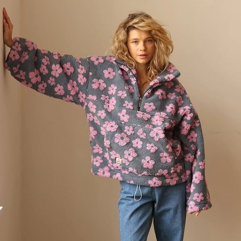Floral Teddy Fleece Half-Zip Jacket, image 5