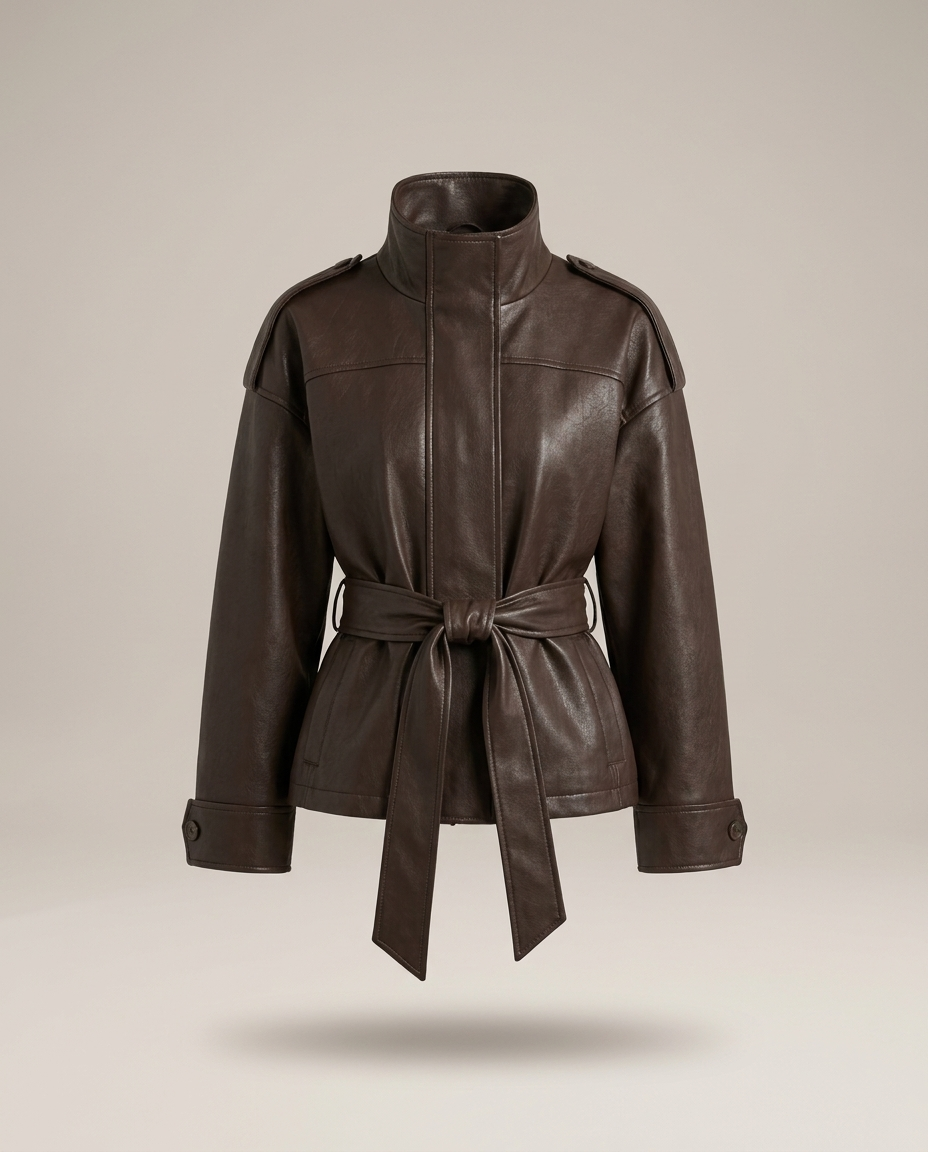 Belted Faux Leather Coat, image 4