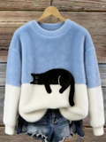 Fuzzy Cat Motif Colorblock Sweater