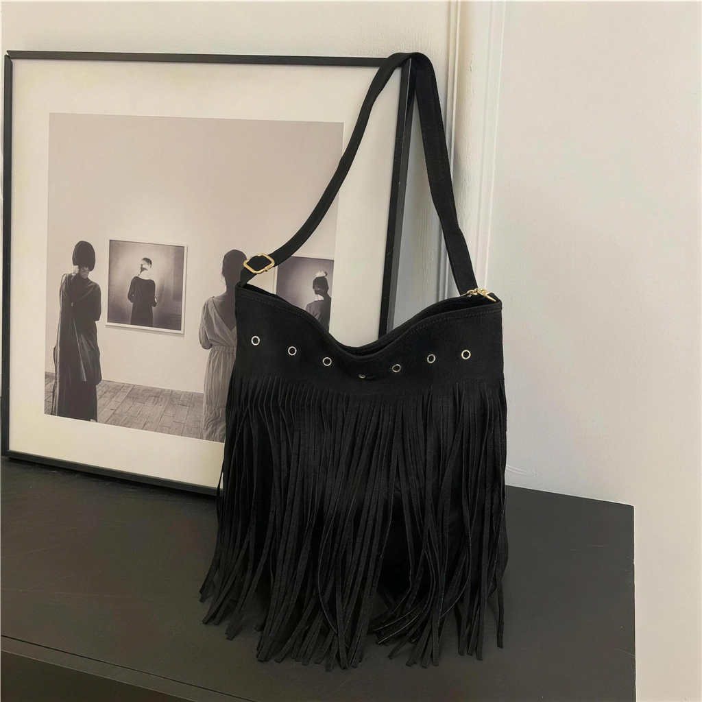 Faux Suede Fringe Shoulder Bag
