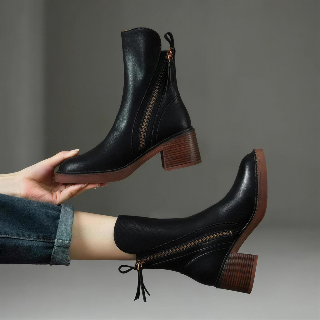 Zip-Up Block Heel Ankle Boots