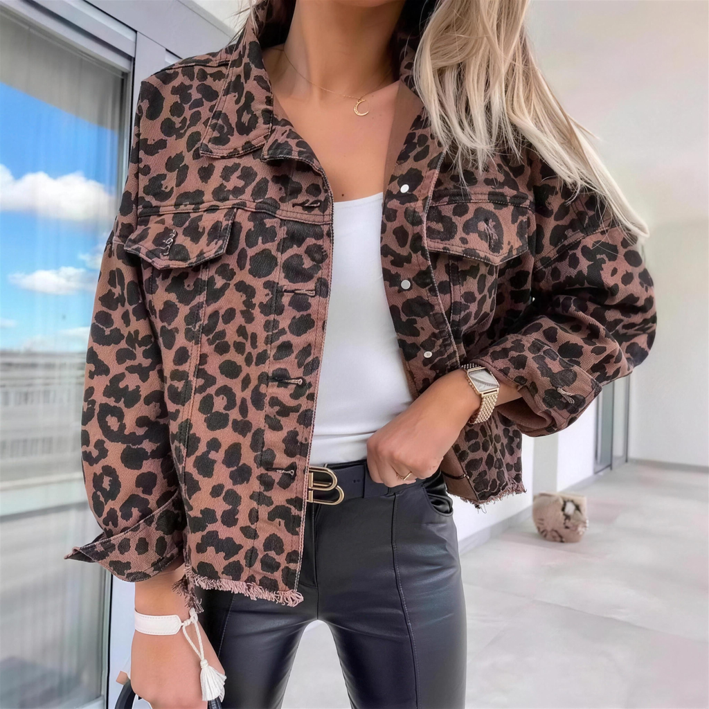 Cropped Leopard Print Denim Jacket