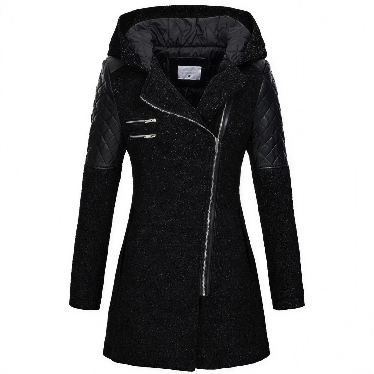 Fitted Hooded Coat with Quilted Shoulders