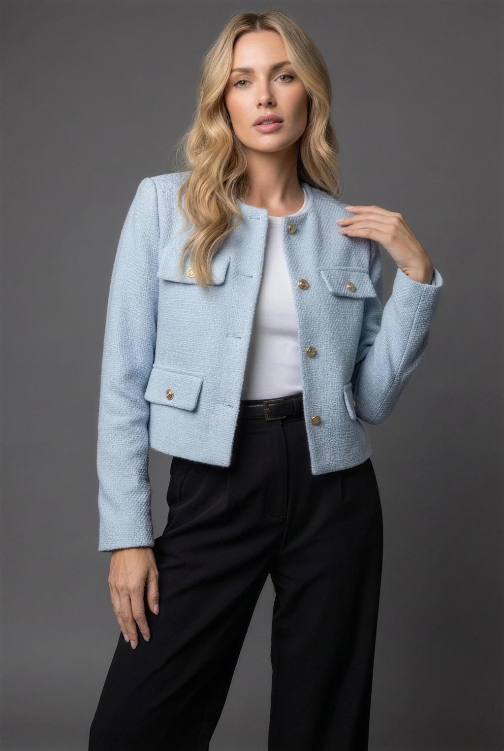 Collarless Cropped Gold-Button Blazer
