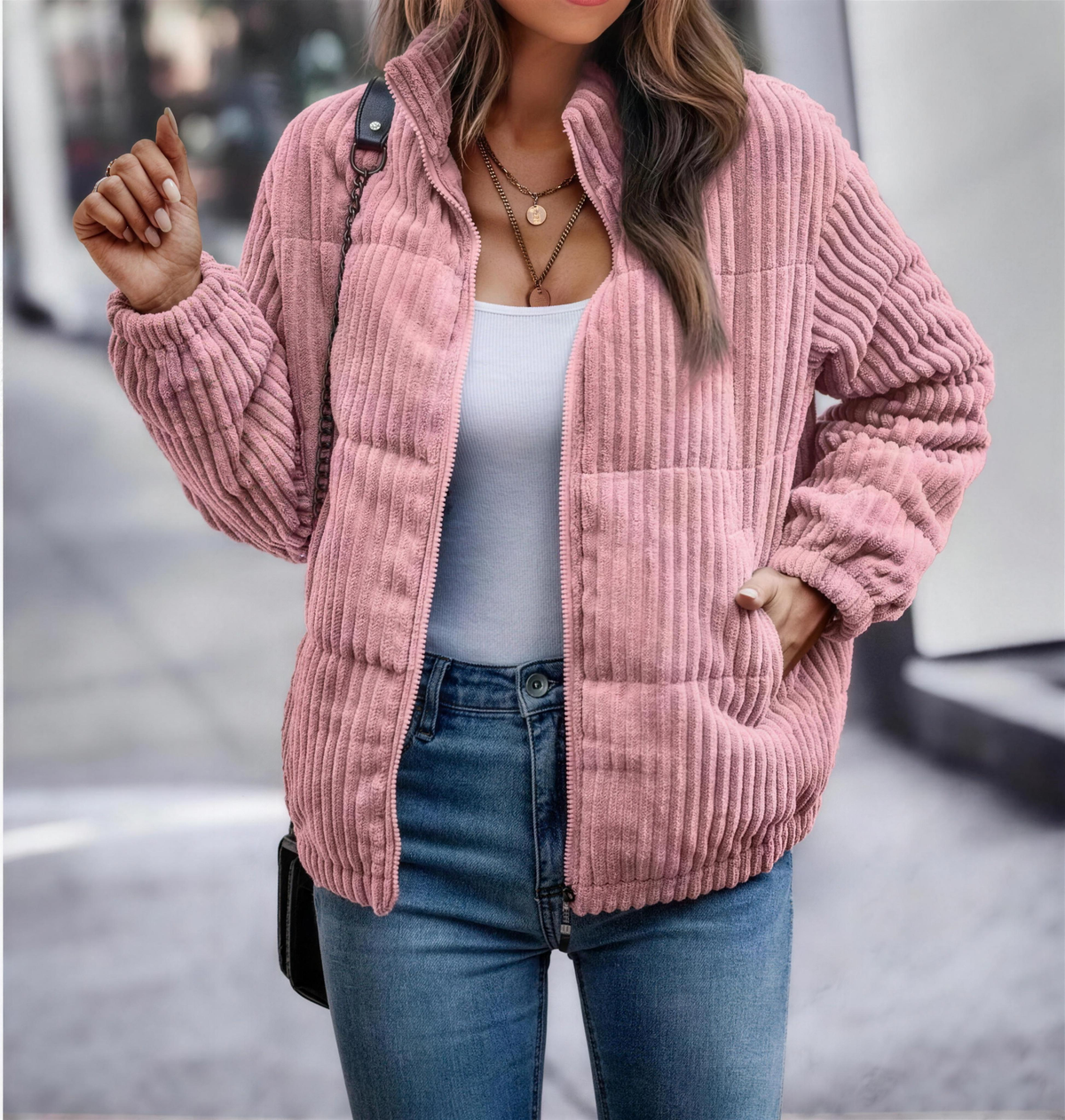 Ribbed Full-Zip Puffer Jacket