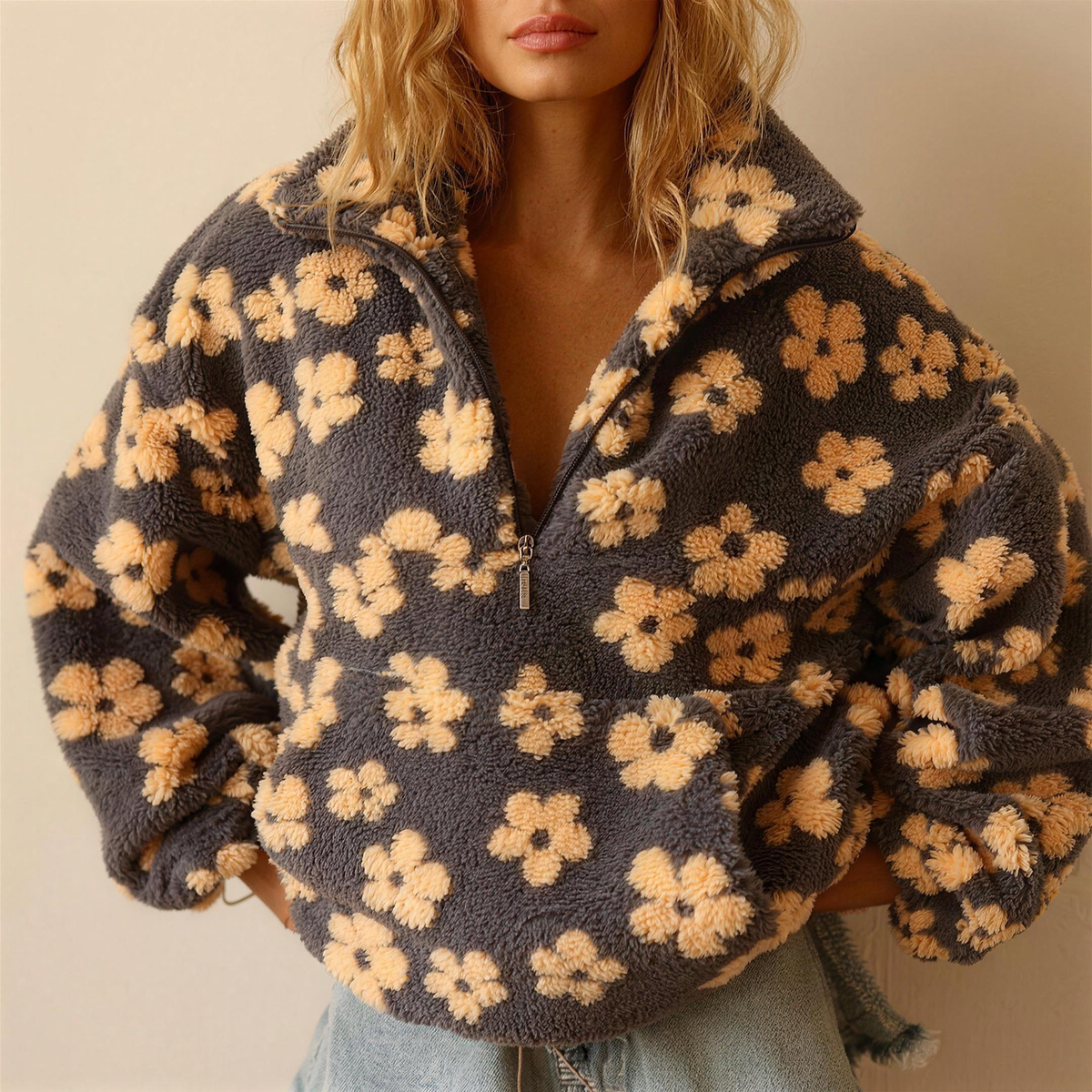 Floral Teddy Fleece Half-Zip Jacket
