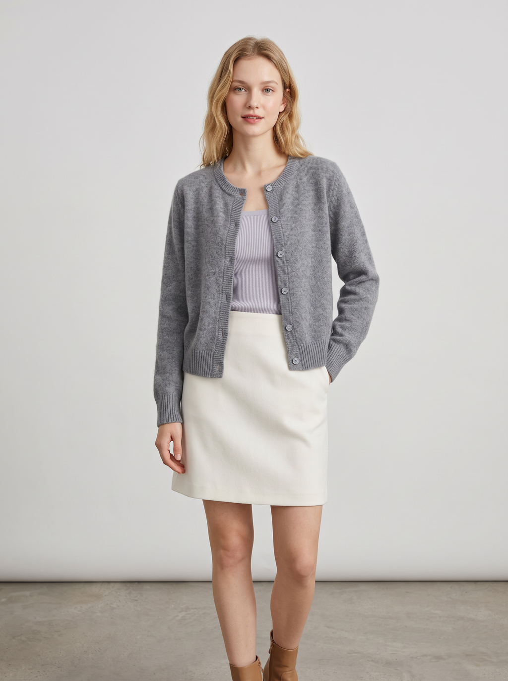 Soft knit button-front cardigan in grey
