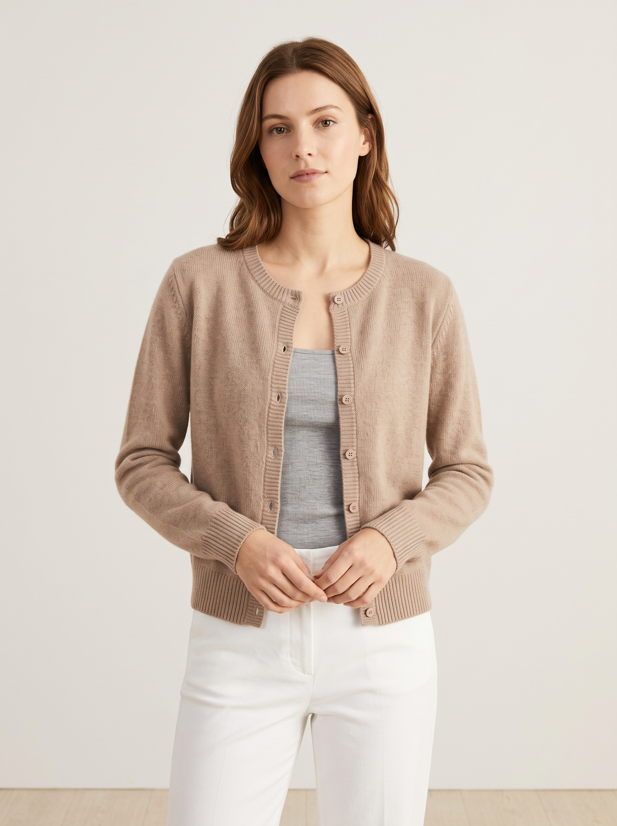 Soft knit button-front cardigan in khaki