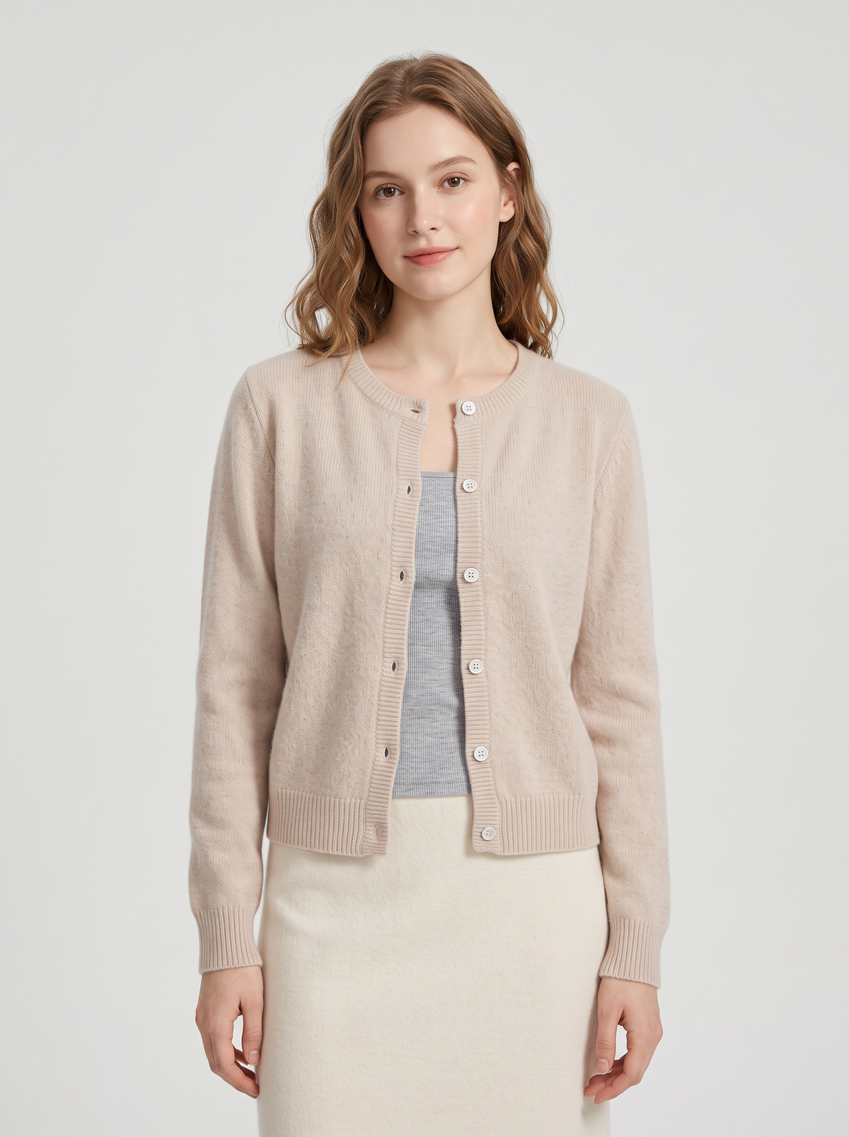 Soft knit button-front cardigan in beige