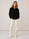 Polo collar knit jumper with button placket in black