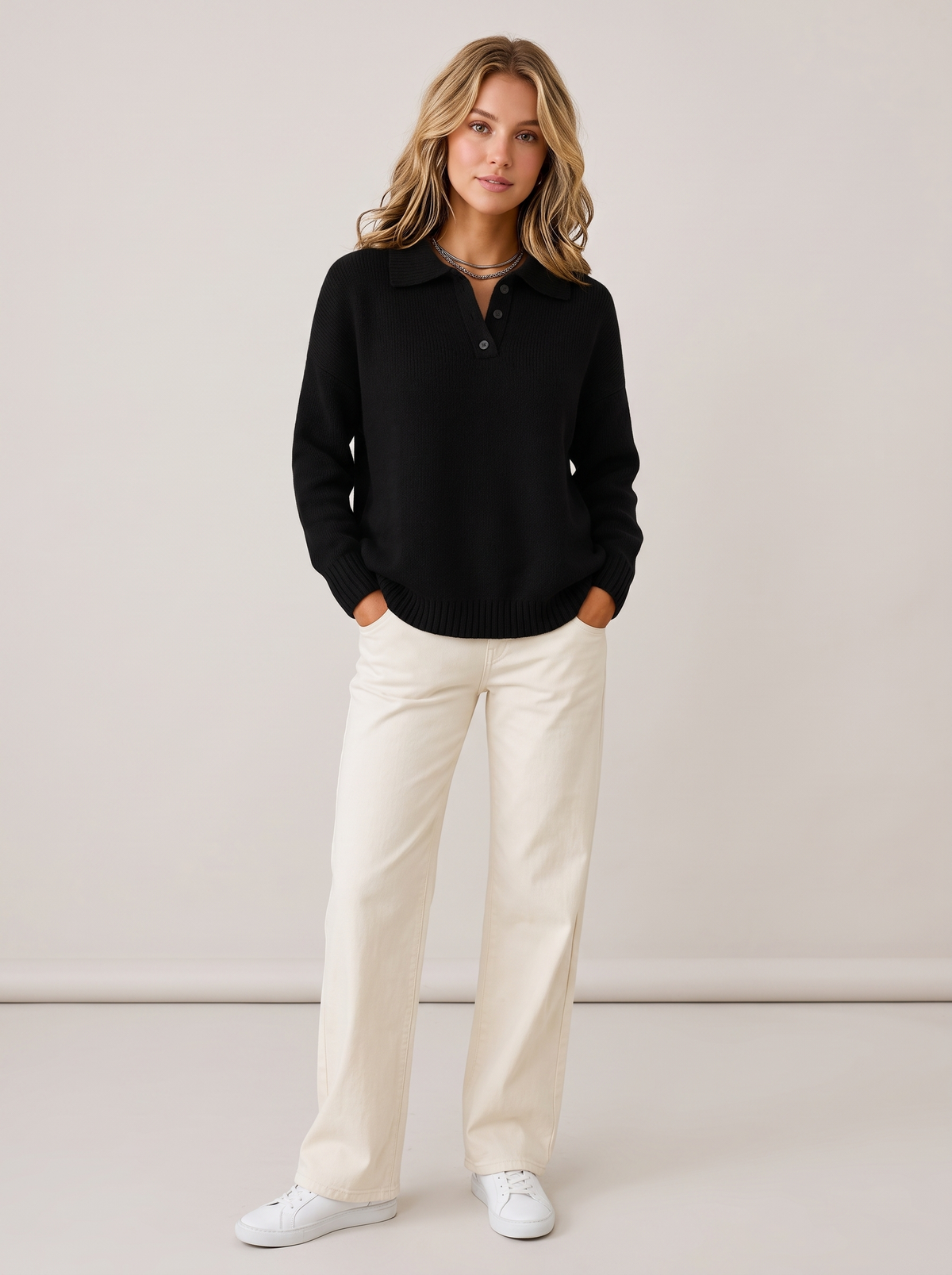 Polo collar knit jumper with button placket in black
