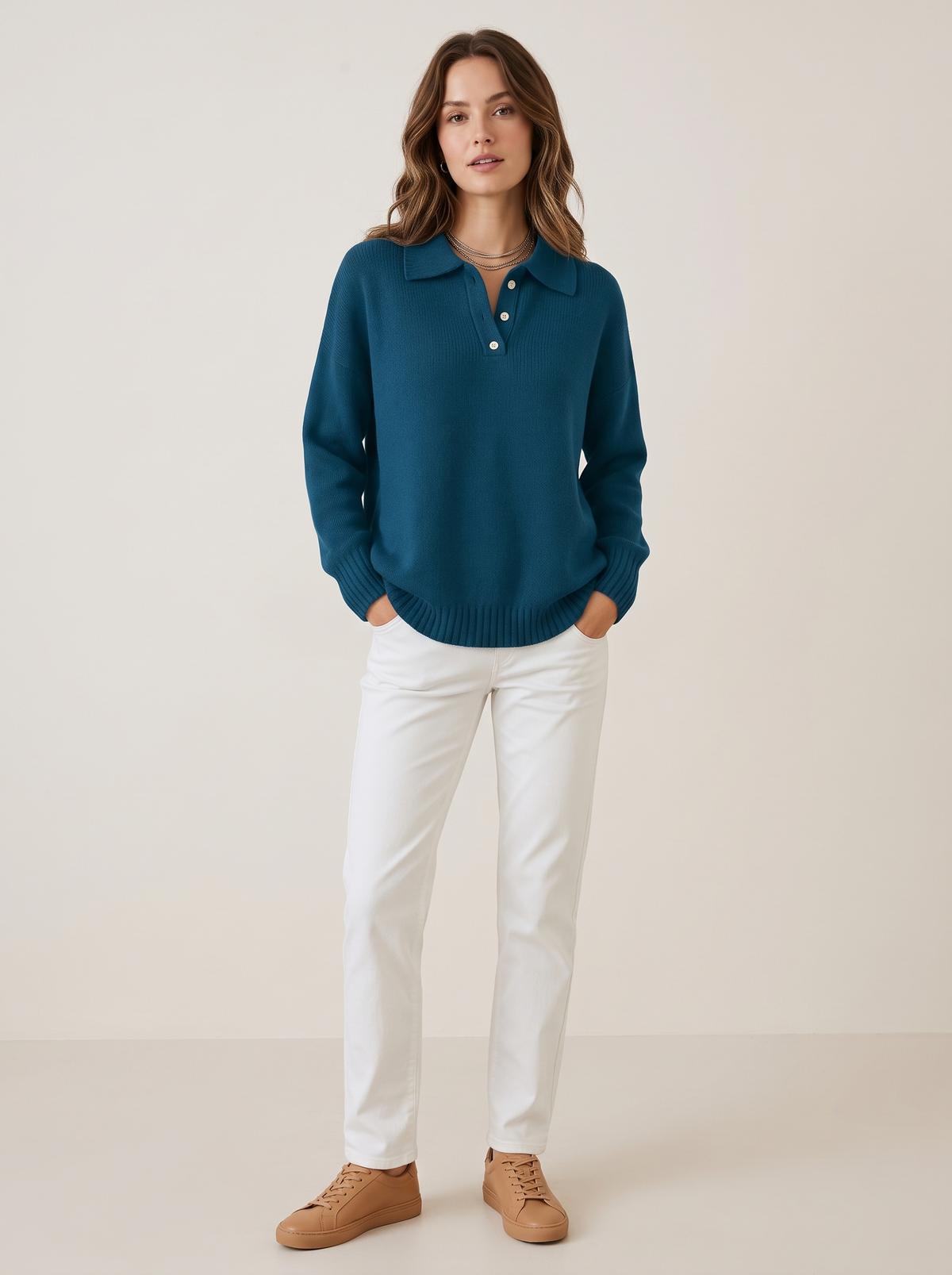 Polo collar knit jumper with button placket in dark blue