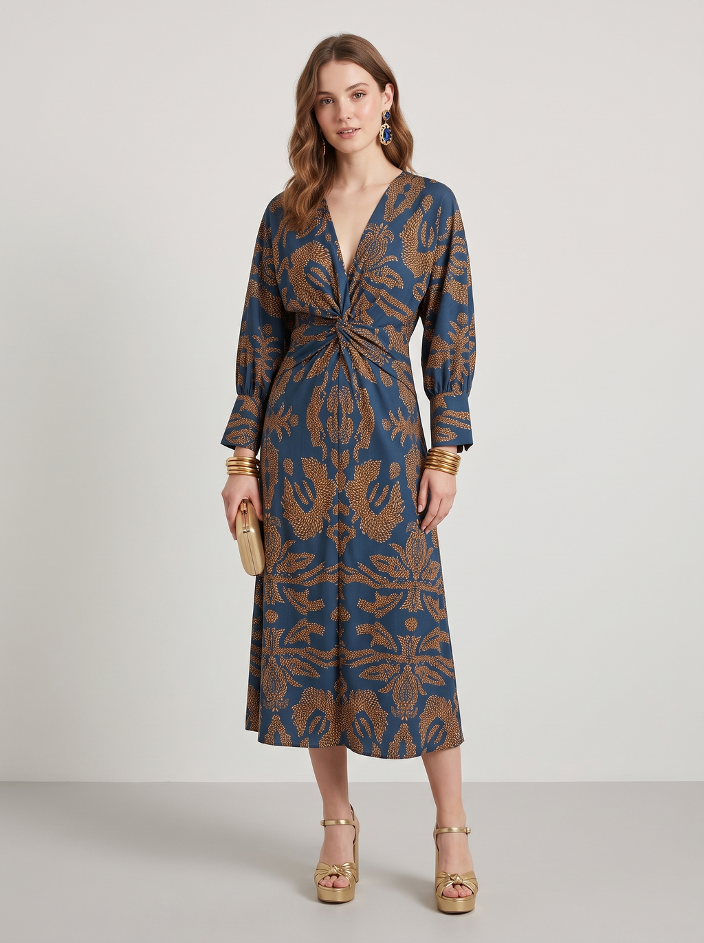 Long sleeve floral midi dress with twist waist in blue