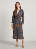 Long sleeve floral midi dress with twist waist in blue
