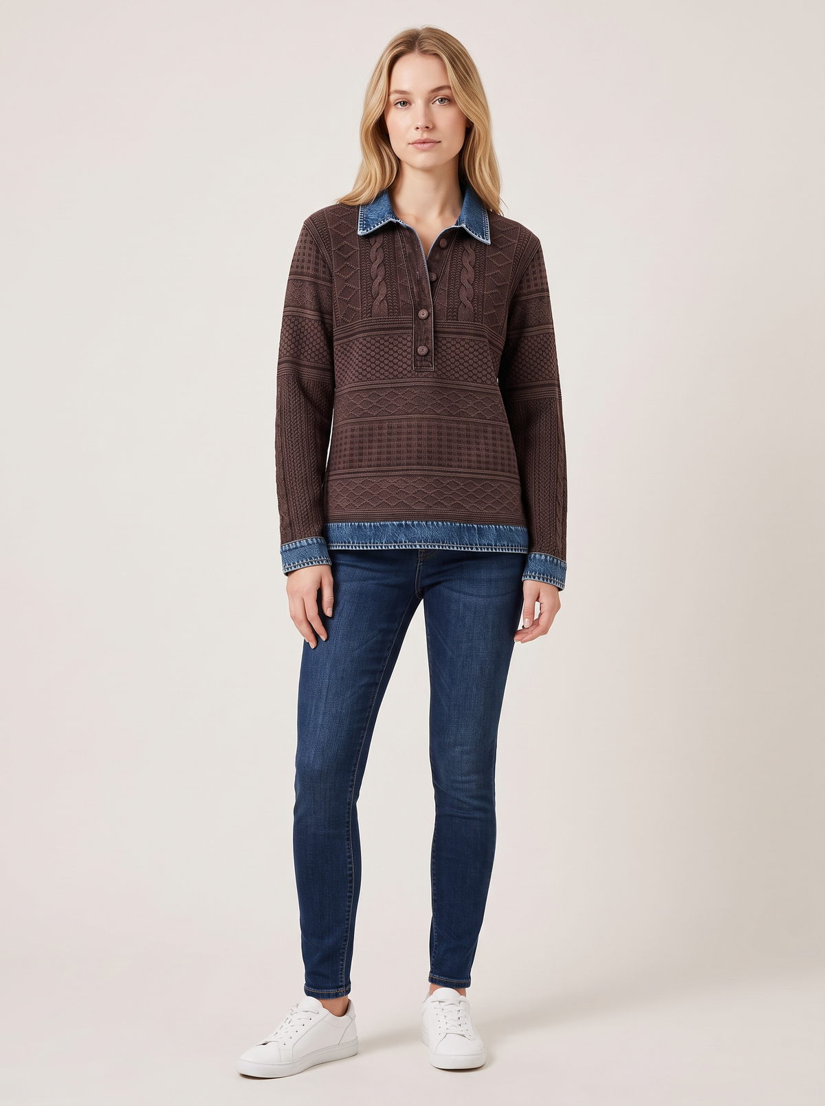 Cable knit jumper with denim-finish collar in coffee