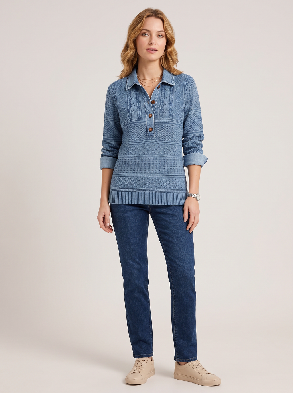Cable knit jumper with denim-finish collar in blue