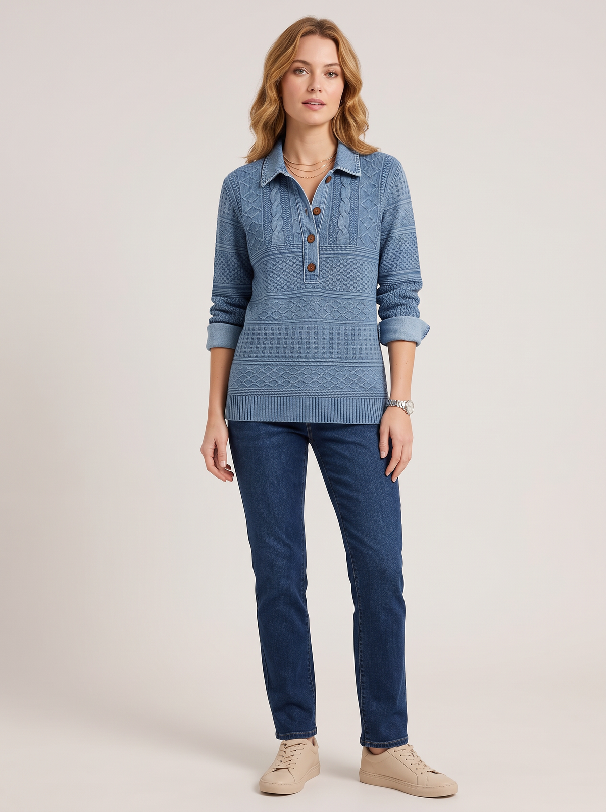 Cable knit jumper with denim-finish collar in blue