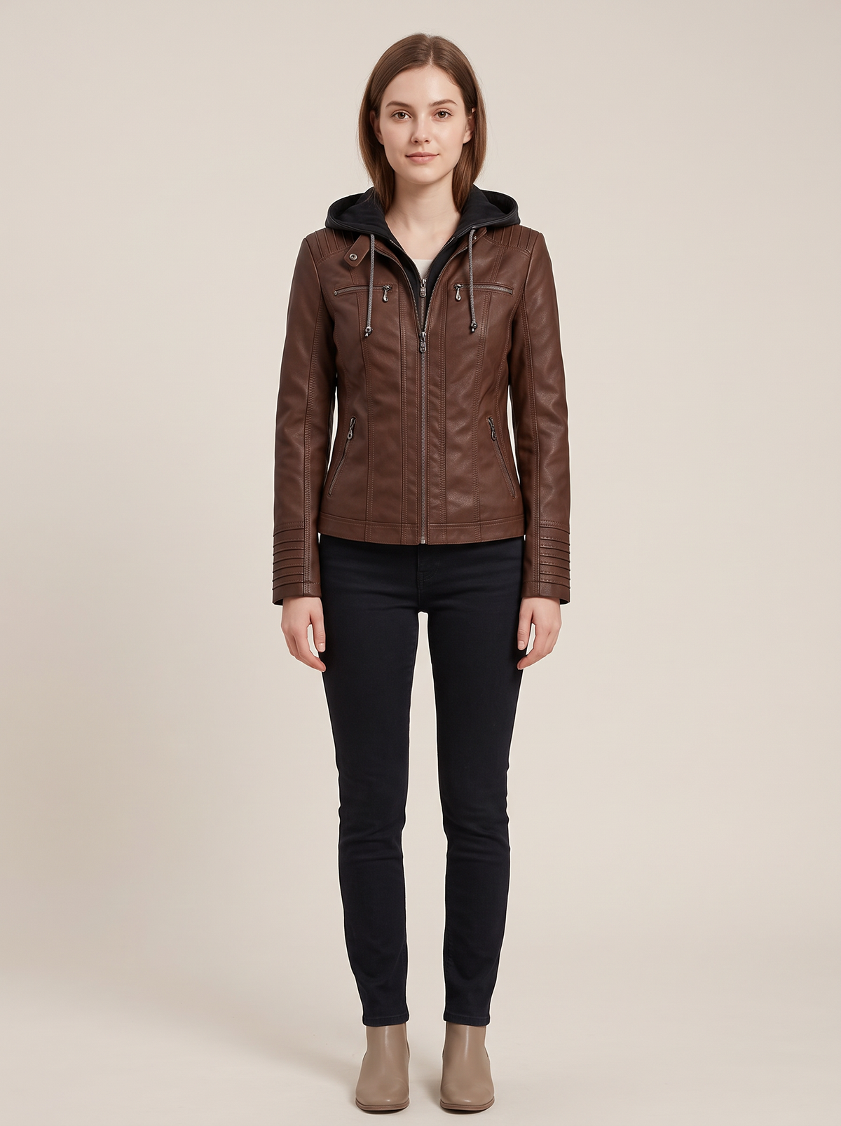 Faux leather biker jacket with removable hood in dark brown