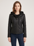 Faux leather biker jacket with removable hood in black