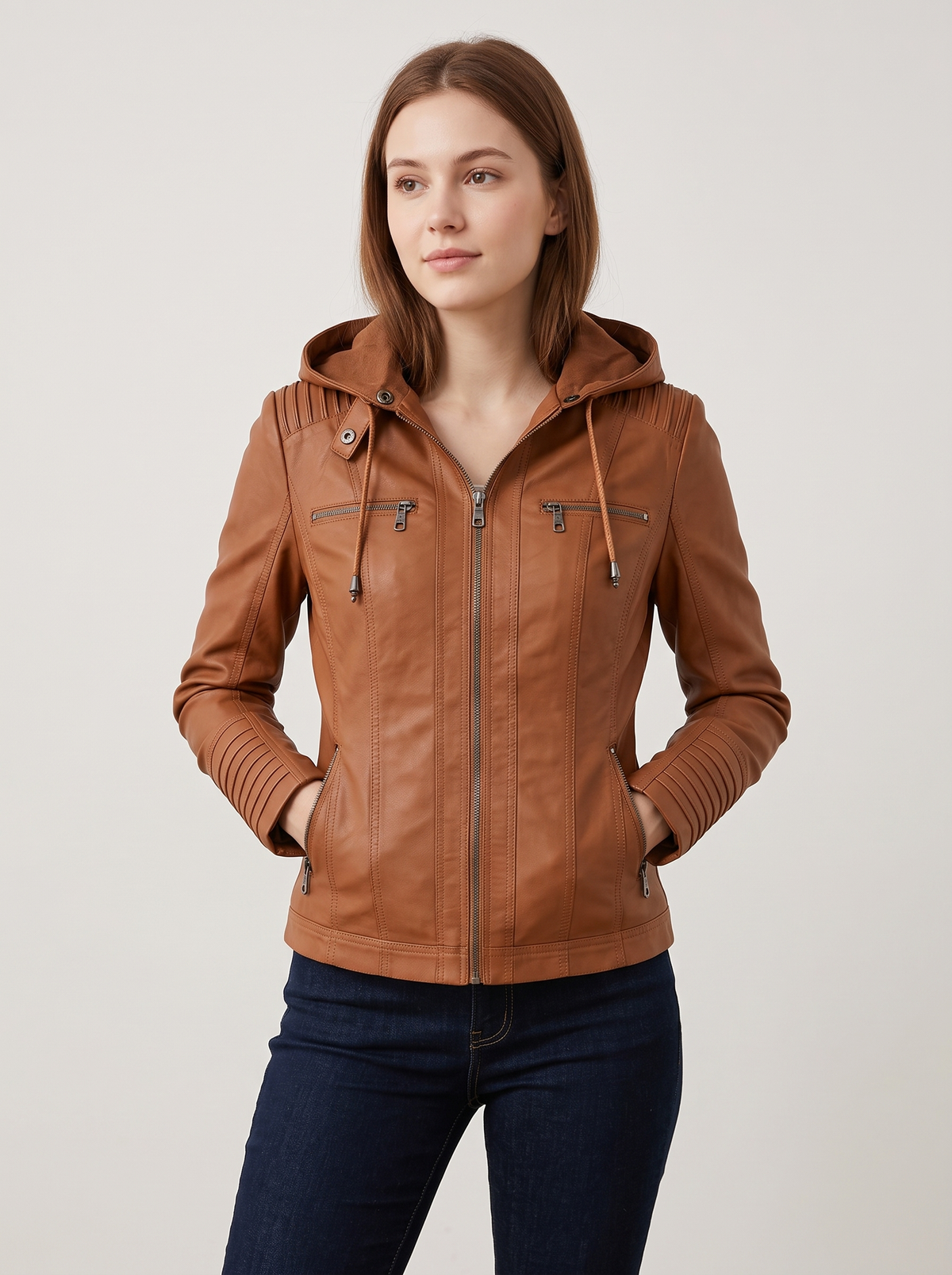 Faux leather biker jacket with removable hood in light brown