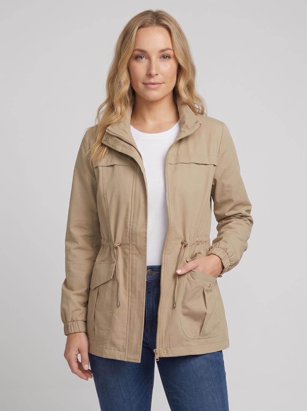 Drawstring Waist Utility Jacket with Flap Pockets in Khaki