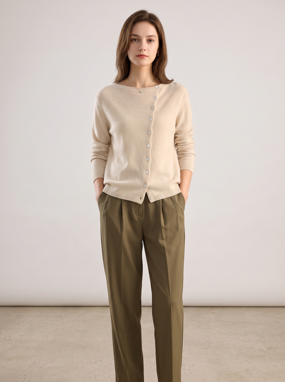 Asymmetric Button Cardigan with Scoop Neckline in Beige
