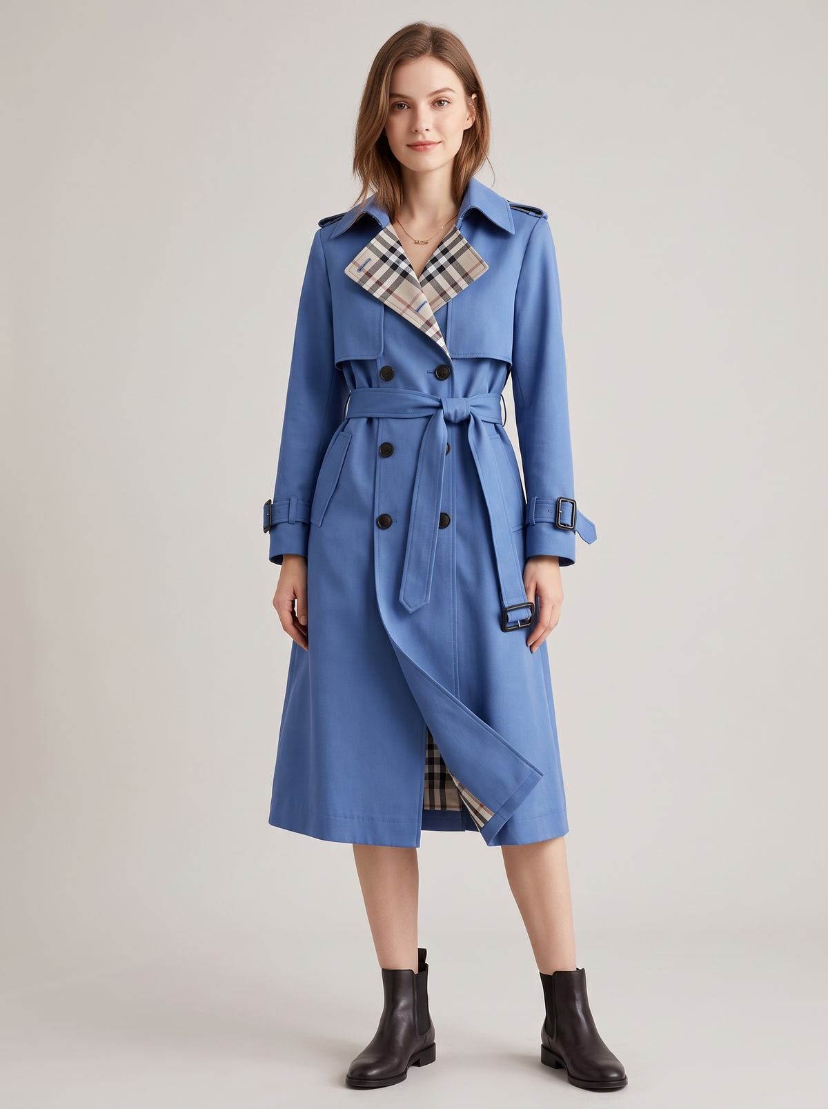 Double-Breasted Belted Trench Coat with Check Lining in Blue