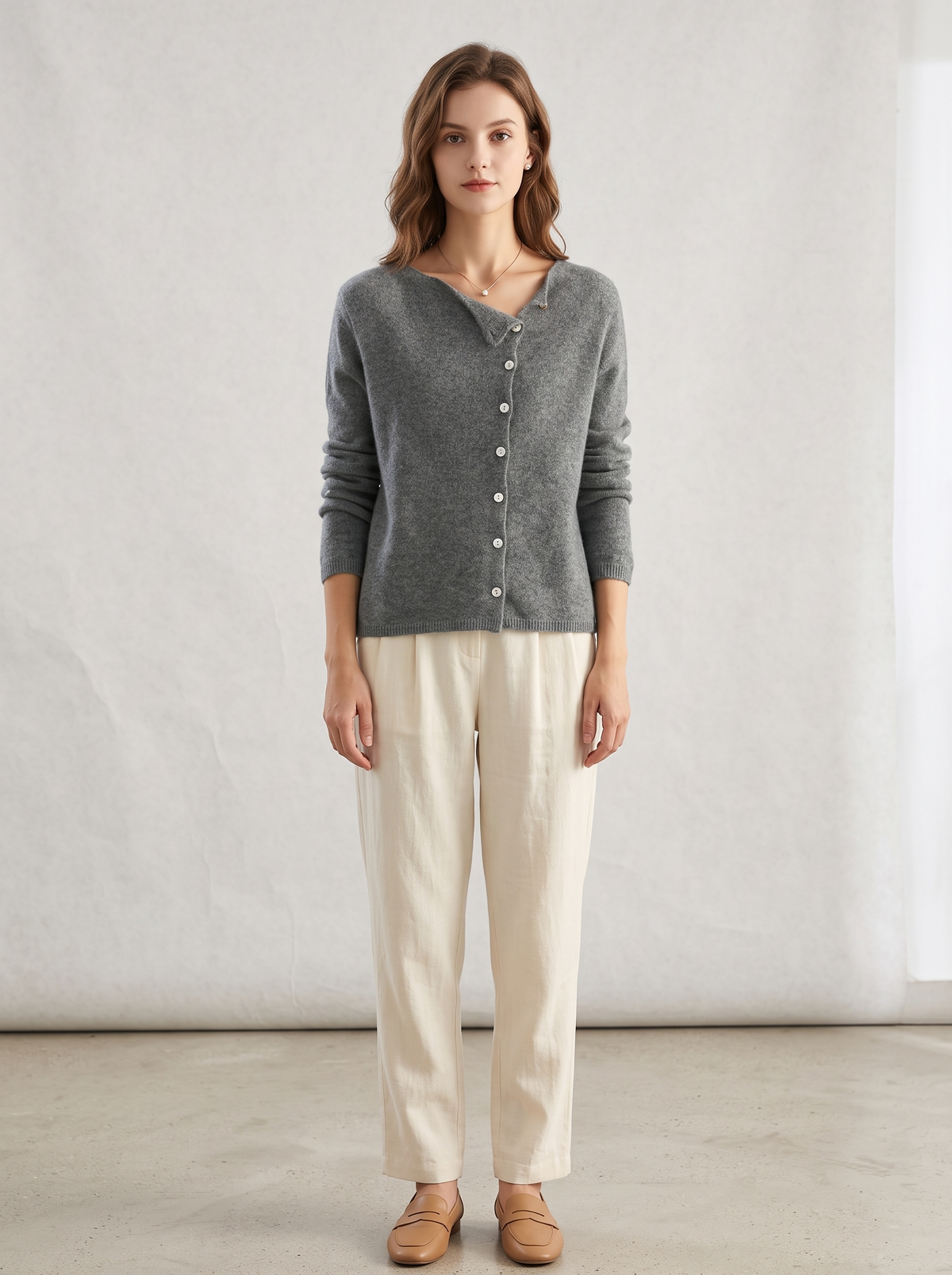 Asymmetric Button Cardigan with Scoop Neckline in Grey