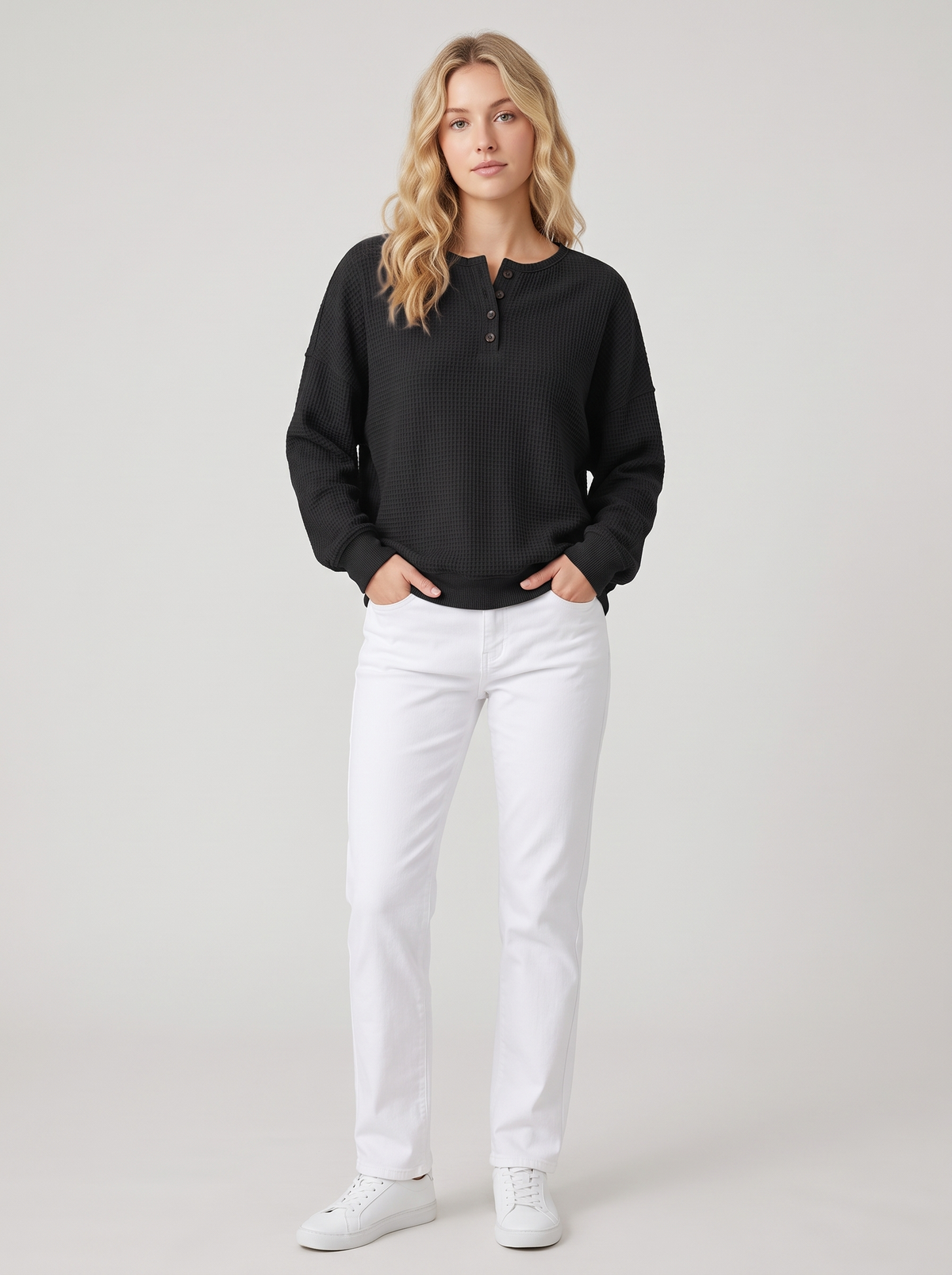 Waffle Knit Henley Sweatshirt with Drop Shoulders in Black