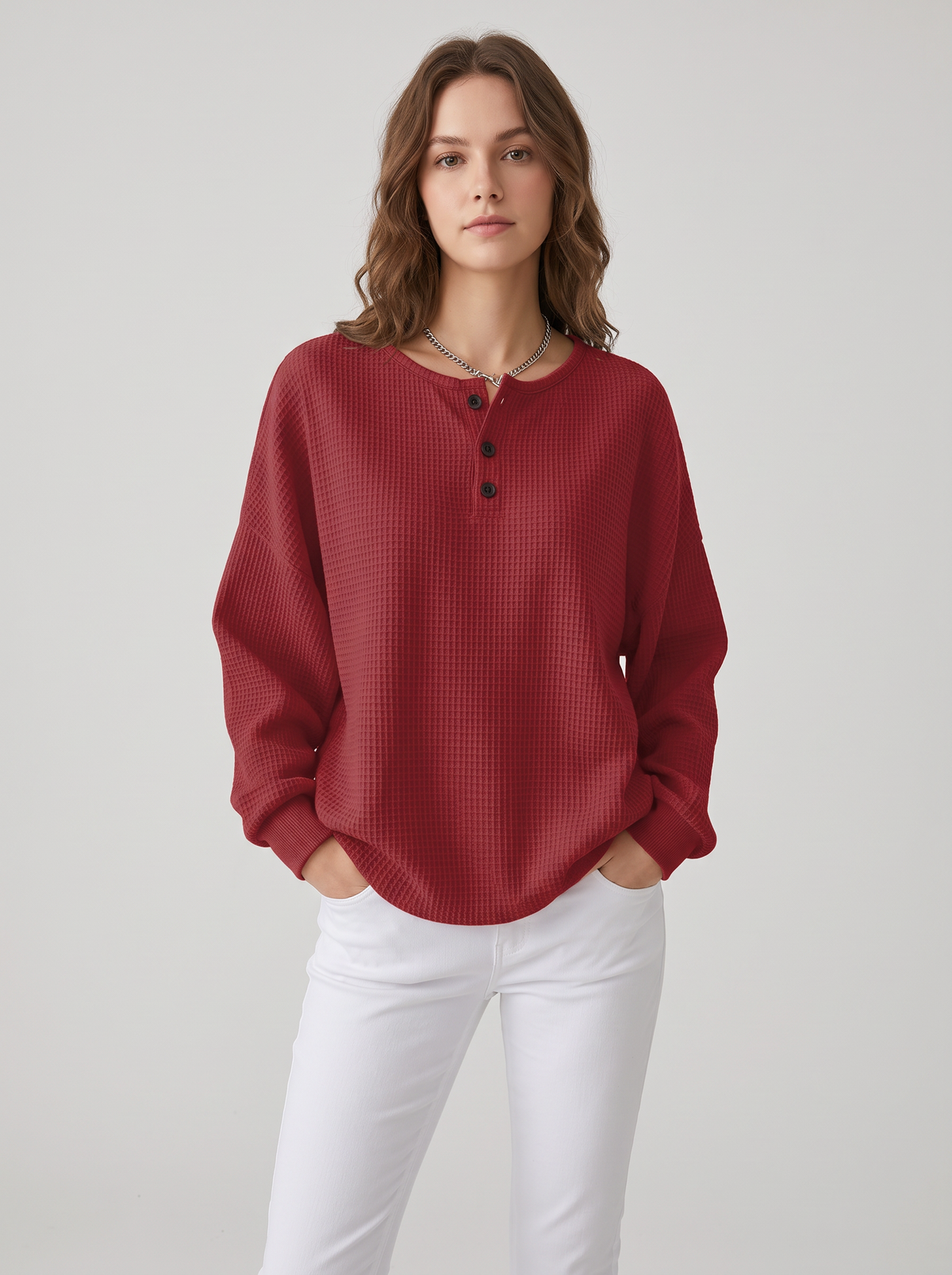 Waffle Knit Henley Sweatshirt with Drop Shoulders in Red