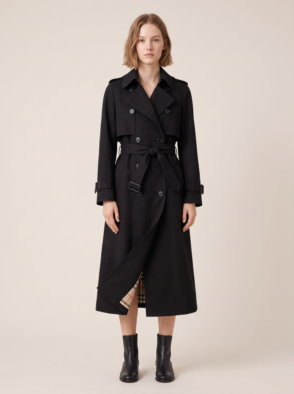 Double-Breasted Belted Trench Coat with Check Lining in Black