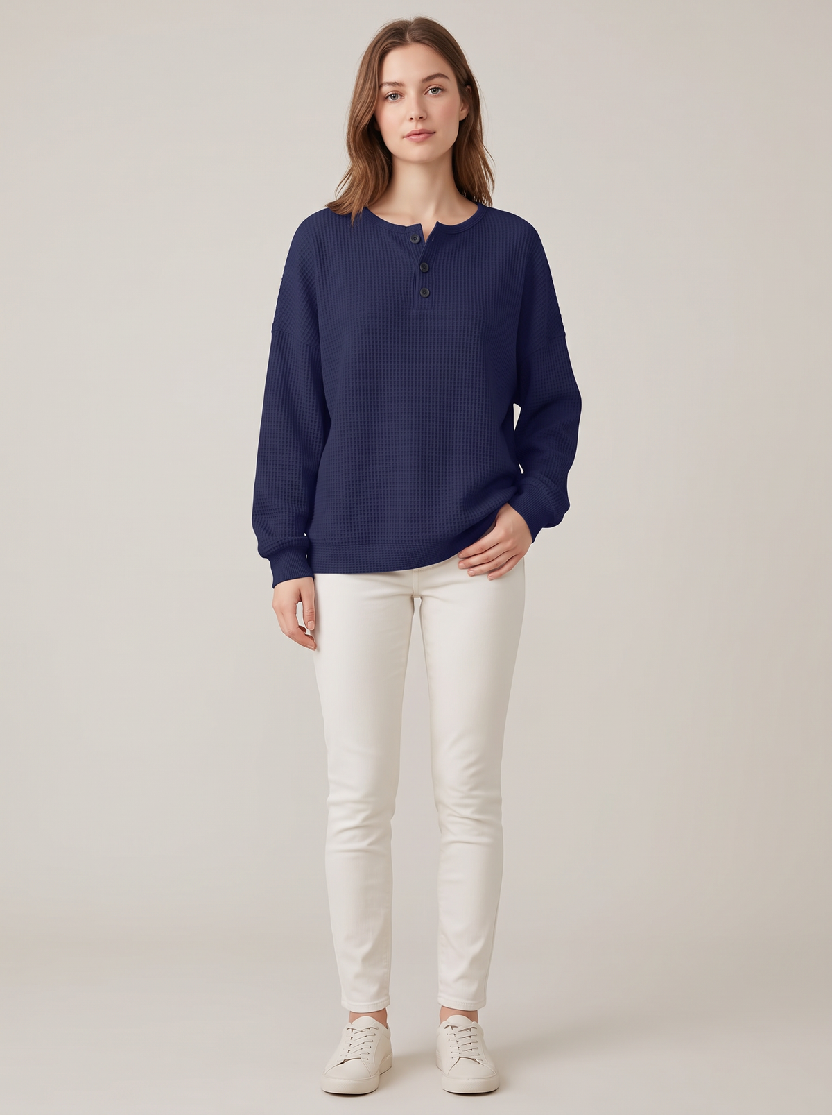 Waffle Knit Henley Sweatshirt with Drop Shoulders in Dark Blue