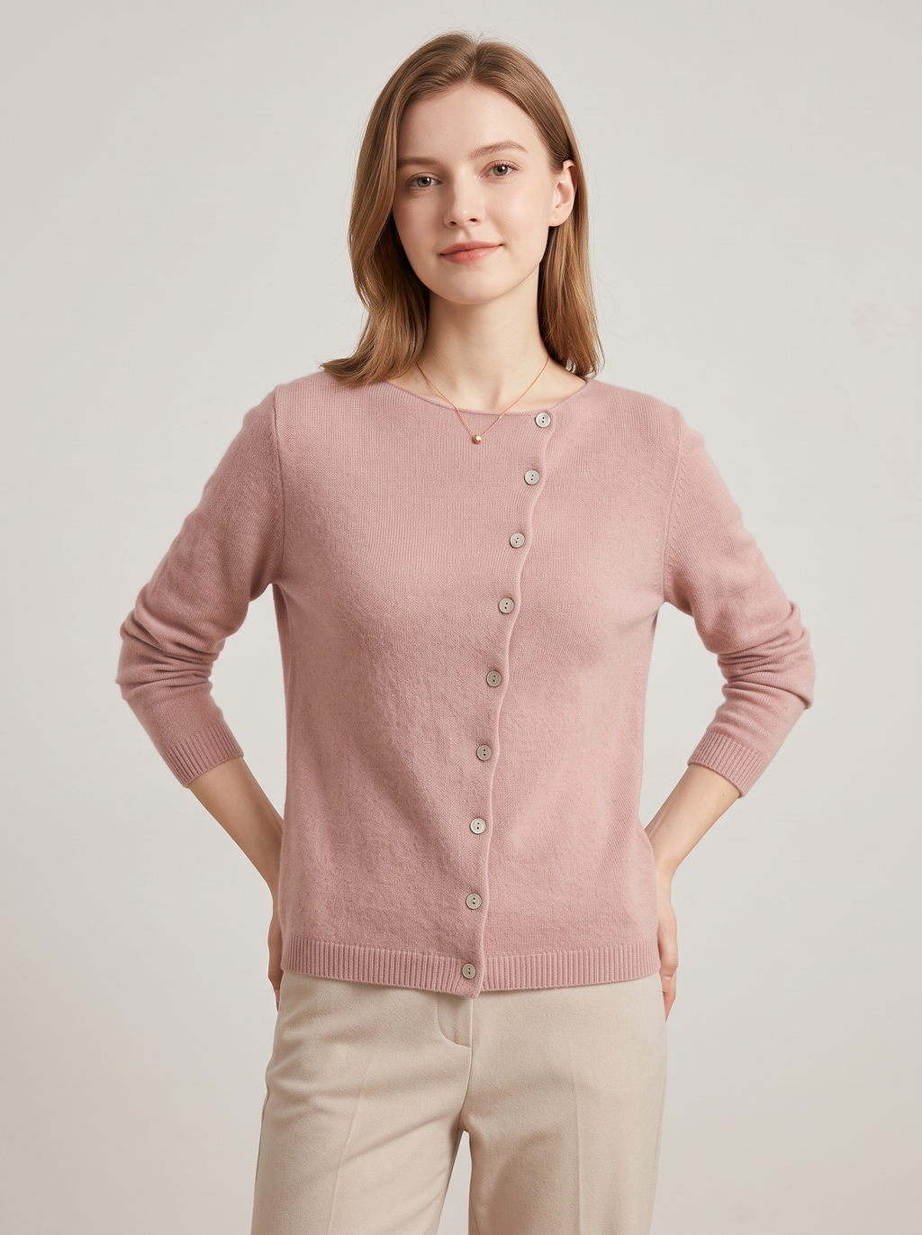 Asymmetric Button Cardigan with Scoop Neckline in Pink
