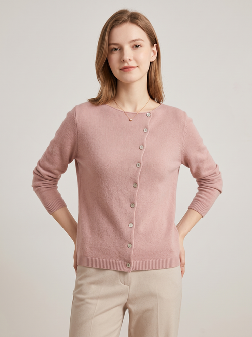 Asymmetric Button Cardigan with Scoop Neckline in Pink