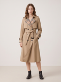 Double-Breasted Belted Trench Coat with Check Lining in Beige